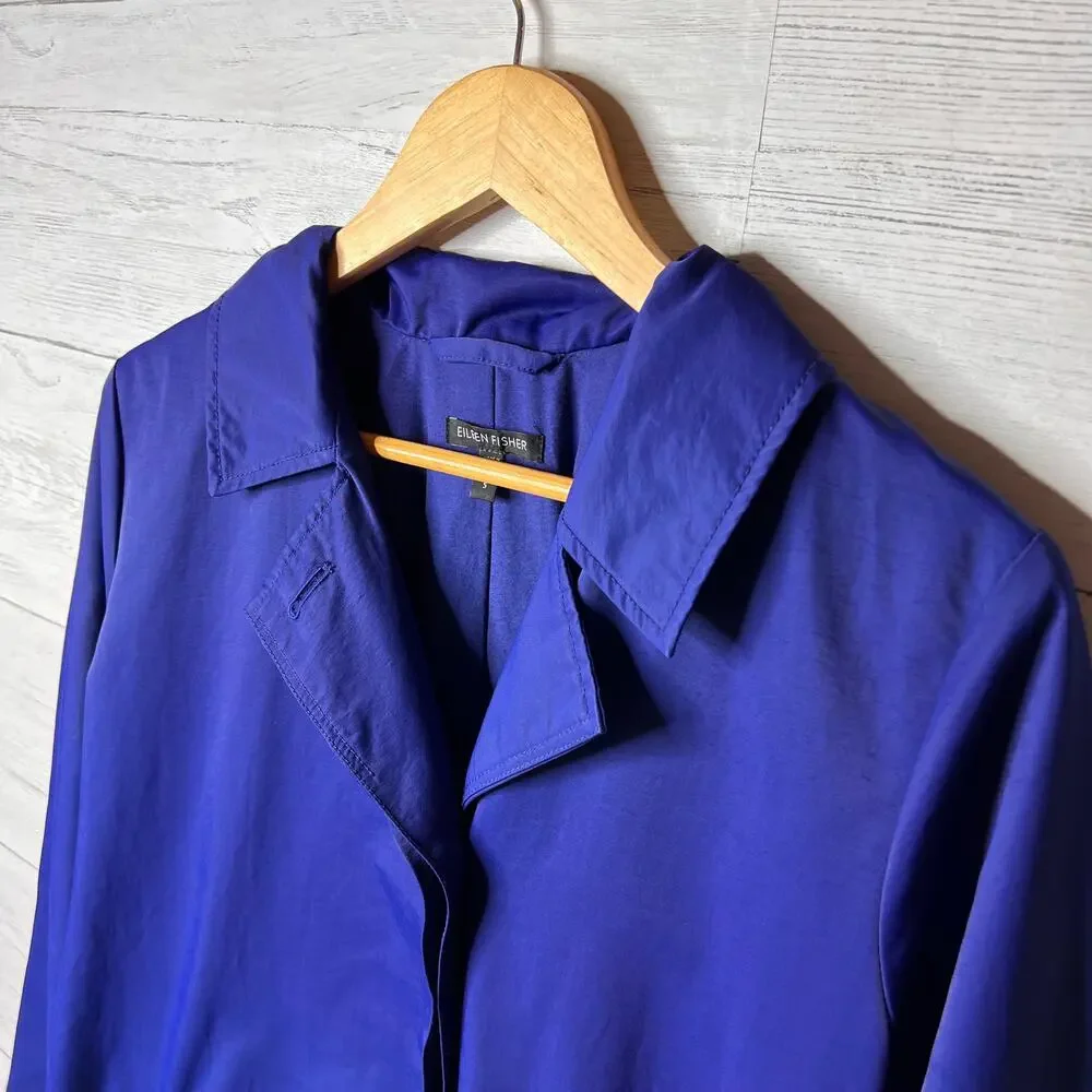 Eileen Fisher Coat Women Size Small Royal Blue A Line Button Down Trench - Picture 8 of 16